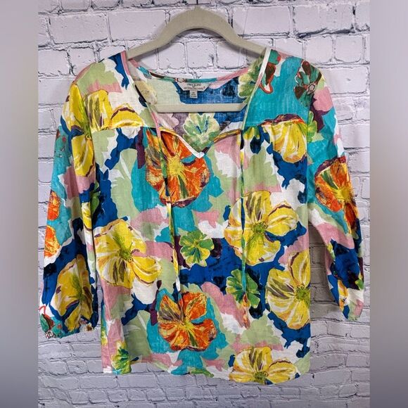 Hester & Orchard Floral Tropical Resort Vacation Holiday Linen Blend Top Size S - Picture 1 of 10